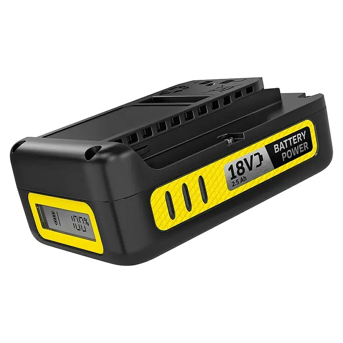 Kärcher Akku Battery Power 18/25 - 18 V, 2,5 Ah, Li-Ionen - Ein schwarzer 18V 2.5Ah Akku mit gelben Akzenten, der den Batteriestatus auf einem kleinen Bildschirm anzeigt.
