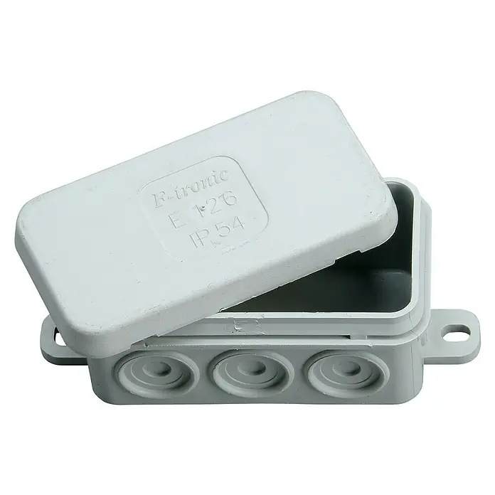Feuchtraum-Abzweigdose - 75 x 37 x 40 mm, Aufputz, 1 Stk. - Nahaufnahme einer hellgrauen Abzweigdose mit Deckel, die "R-tronic E 126 IP 54" zeigt, ideal für den elektrischen Anschluss.