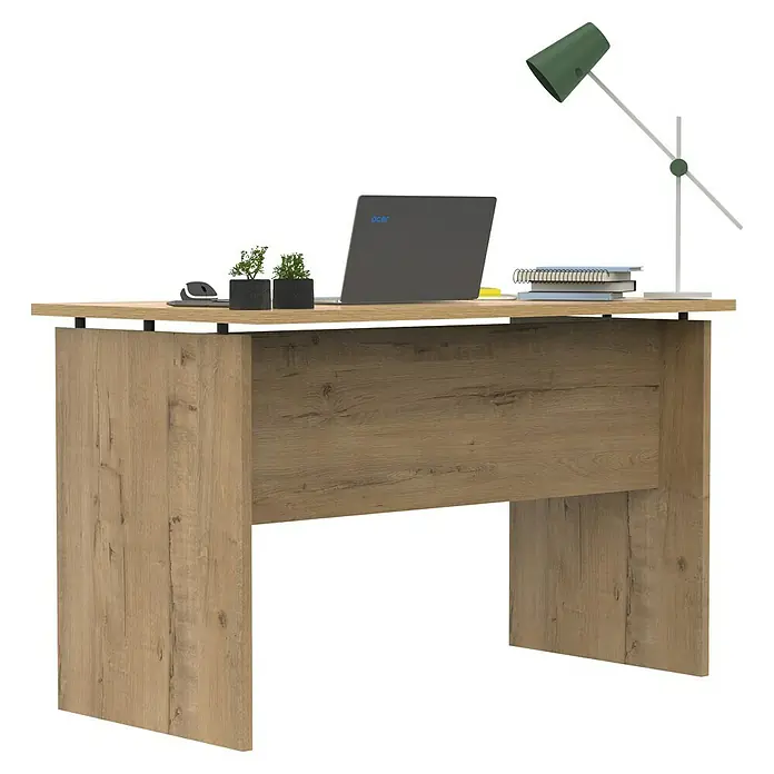 Muebles Pitarch Teide Mesa de escritorio - L x An x Al: 68 x 120 x 76 cm, Roble Gold - Primer plano de un escritorio con un portátil, una lámpara y plantas. El escritorio tiene un acabado de madera, dándole un aspecto moderno.