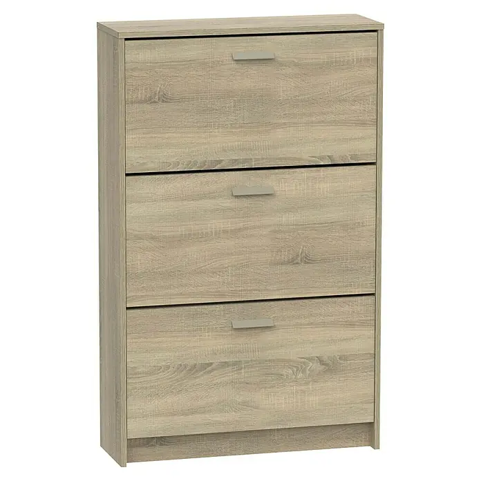 Muebles Pitarch Tibet Zapatero - L x An x Al: 25 x 74 x 119,5 cm, Roble Cambrian, Número de compartimentos: 3 ud. - Un zapatero de madera de tres niveles con tiradores metálicos y un acabado de grano de madera clara para un elegante almacenamiento de zapatos.