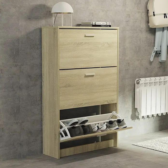 Muebles Pitarch Tibet Zapatero - L x An x Al: 25 x 74 x 119,5 cm, Roble Cambrian, Número de compartimentos: 3 ud. - Zapatero de madera con dos cajones y un compartimento abierto para guardar los zapatos.