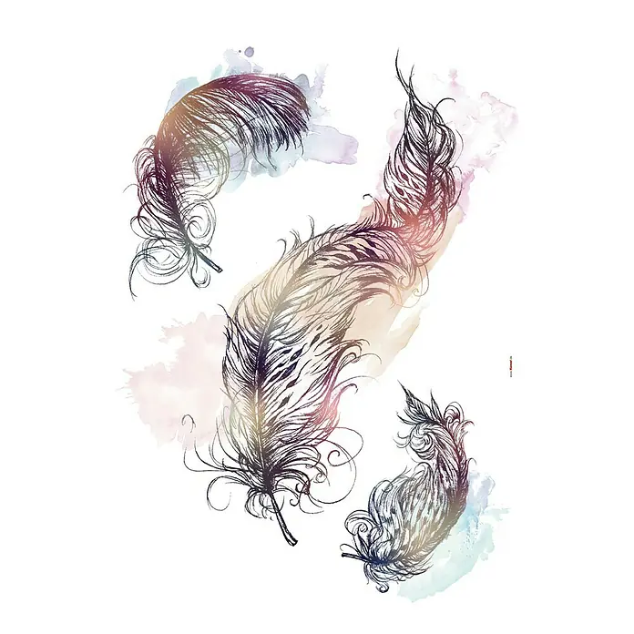 Komar Dekosticker Inspiration - 70 x 50 cm, 3 -tlg. - Eine kunstvolle Darstellung von Federn in zarten Aquarellfarben, die eine elegante und luftige Ästhetik vermitteln.