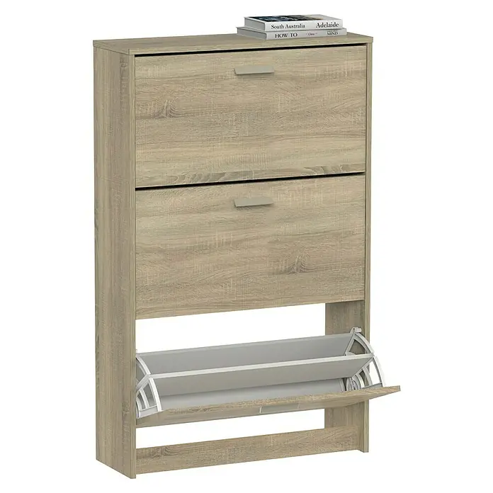 Muebles Pitarch Tibet Zapatero - L x An x Al: 25 x 74 x 119,5 cm, Roble Cambrian, Número de compartimentos: 3 ud. - Zapatero con aspecto de madera con dos cajones y una solapa para guardar los zapatos. Perfecto para el pasillo o la entrada.