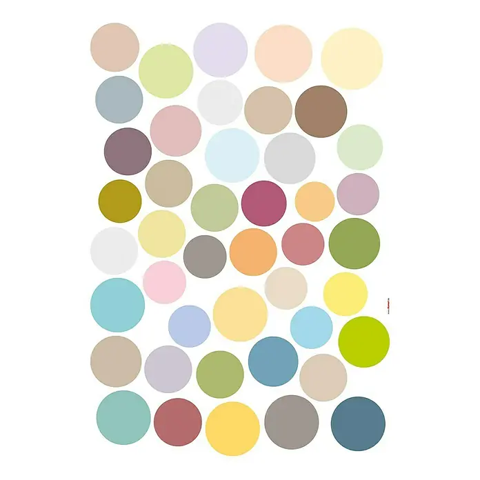 Komar Wandtattoo Dots - 70 x 50 cm - Eine Ansammlung von bunten, runden Wandaufklebern in verschiedenen Pastellfarben, perfekt für die Dekoration von Kinderzimmern.