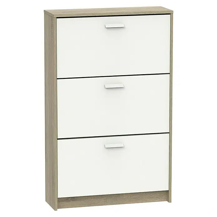 Muebles Pitarch Tibet Zapatero - L x An x Al: 25 x 74 x 119,5 cm, Blanco/Roble Cambrian, Número de compartimentos: 3 ud. - Elegante mueble zapatero con tres cajones blancos y un elegante marco de madera, ideal para guardar zapatos.