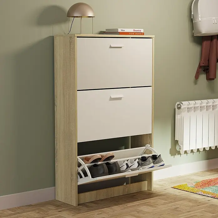 Muebles Pitarch Tibet Zapatero - L x An x Al: 25 x 74 x 119,5 cm, Blanco/Roble Cambrian, Número de compartimentos: 3 ud. - Zapatero con dos puertas y compartimento abierto para zapatos, en aspecto de madera y blanco.