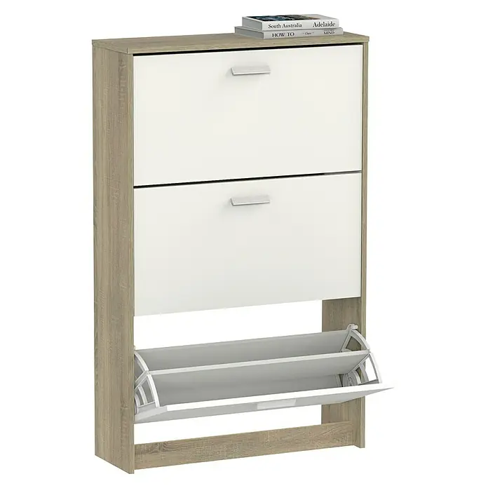 Muebles Pitarch Tibet Zapatero - L x An x Al: 25 x 74 x 119,5 cm, Blanco/Roble Cambrian, Número de compartimentos: 3 ud. - En la imagen, un zapatero con compartimentos abatibles y dos cajones blancos para un almacenamiento elegante de zapatos en la entrada.