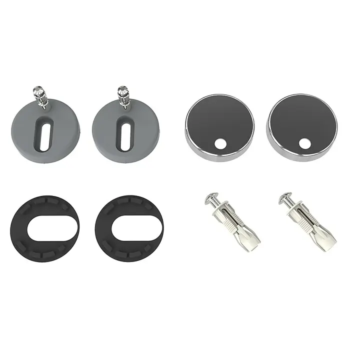 Ersatzscharnierbefestigungs-Set - Passend für: Camargue WC-Sitze Empire, Paris und Rom - Produktansicht: Toilettensitzscharnier mit Befestigungsmaterialien. Präsentiert das komplette Set für eine einfache Installation und sicheren Halt.