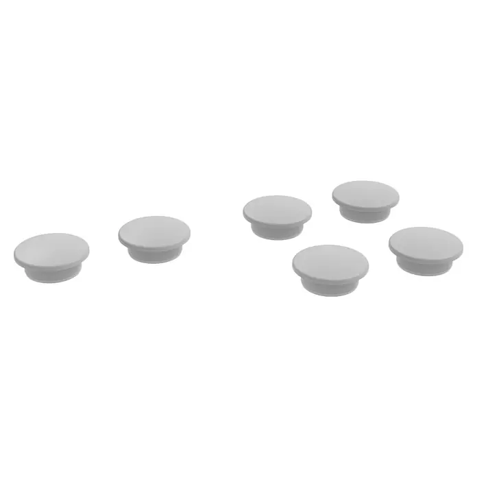 Puffer-Set - Passend für: Camargue Paris WC-Sitz 2.0 - Eine Nahaufnahme von sechs weißen Möbelknöpfen mit einer flachen runden Oberseite und einem zylindrischen Sockel, die auf einer schwarzen Oberfläche angeordnet sind.