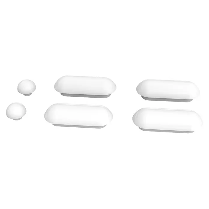 Puffer-Set - Passend für: Camargue WC-Sitze Empire und Paris - Nahaufnahme von vier weißen Innoliving-Wandleuchten, zwei rund und zwei länglich, auf schwarzem Hintergrund.