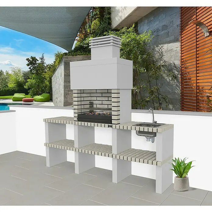 Collippo Ericeira Barbacoa de obra - An x Pr x Al: 86 x 47 x 215 cm, Superficie parrilla: 64 x 38 cm, Gris - Imagen de una moderna barbacoa de exterior con fregadero y estantes de almacenamiento, ideal para fiestas en el jardín.