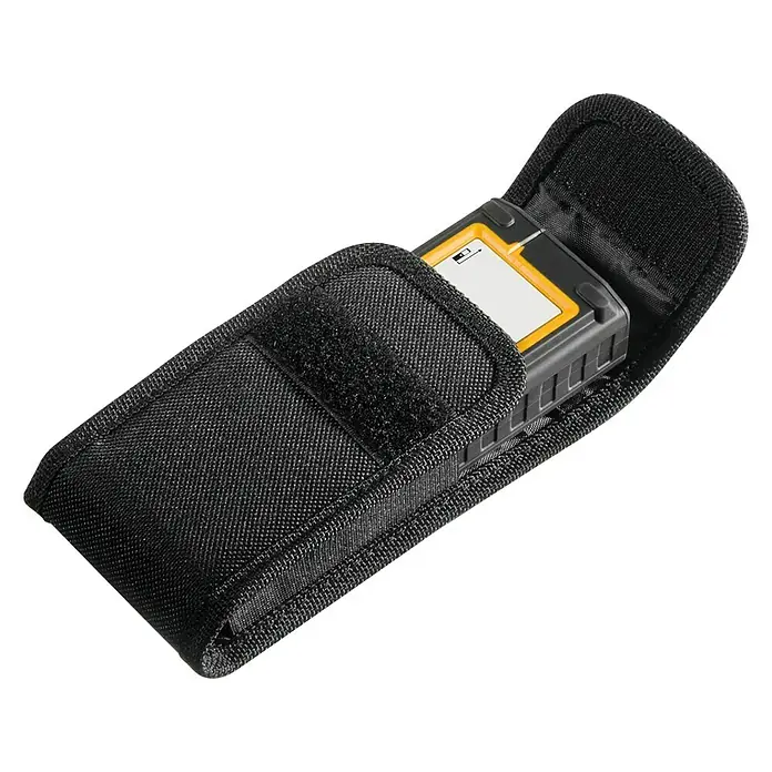 Stabila Laserentfernungsmesser LD 320 - Messbereich: 0,05 - 40 m - Schwarze Schutztasche mit Klettverschluss, die ein elektronisches Gerät mit gelben Akzenten hält. Ideal, um Geräte sicher zu verstauen.