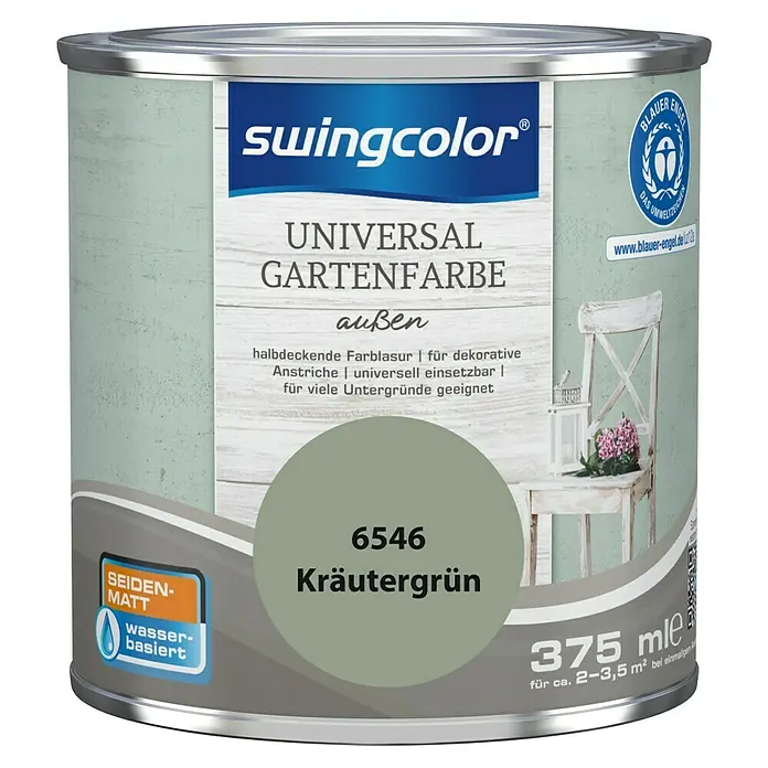 swingcolor Farblasur Universal-Gartenfarbe - 375 ml, Kräutergrün, Seidenmatt - Dose Swingcolor Universal Gartenfarbe Kräutergrün, seidenmatt, wasserbasiert, 375 ml für dekorative Anstriche im Außenbereich.