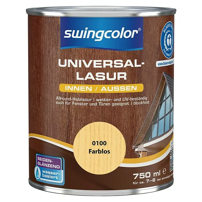 swingcolor Holzlasur - Farblos, 750 ml, Seidenglänzend, Wasserbasiert - Dose Swingcolor Universal Lasur farblos, 750ml, für Innen- und Außenbereich, ideal für Holz, wetter- und UV-beständig.