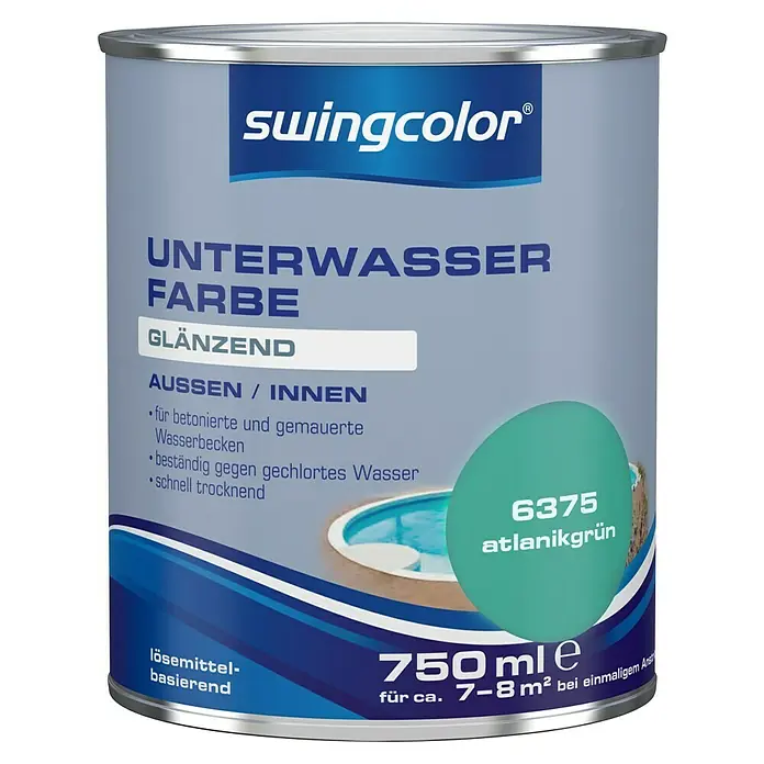 swingcolor Unterwasserfarbe - Atlantikgrün, 750 ml, Glänzend - Dose Swingcolor Unterwasser Farbe, glänzend, atlantikgrün, 750ml. Geeignet für betonierte/gemauerte Becken, chlorwasserbeständig und schnelltrocknend.