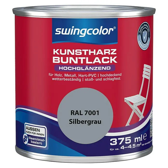 swingcolor Buntlack Kunstharz für Außen - Silbergrau, Hochglänzend, 375 ml, Lösemittelbasiert - Dose Swingcolor Kunstharz Buntlack RAL 7001 Silbergrau, hochglänzend, für Holz, Metall, Hart-PVC, wetterbeständig, stoß- und schlagfest.