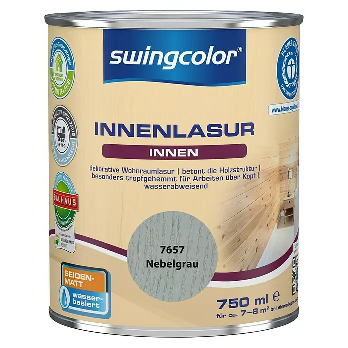 swingcolor Holzlasur Innenlasur - Nebelgrau, 750 ml, Seidenmatt - Farbdose Swingcolor Innenlasur Nebelgrau, 750ml für Innenräume, betont Holzstruktur und ist wasserabweisend.