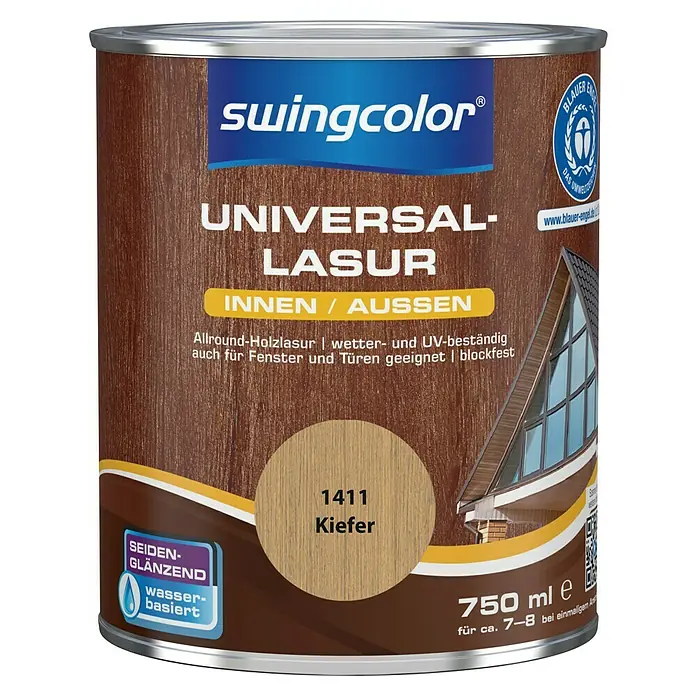 swingcolor Holzlasur - Kiefer, 750 ml, Seidenglänzend, Wasserbasiert - Dose Swingcolor Universal Lasur Kiefer 1411, seiden-glänzend, wasserbasiert, für Innen- und Außenbereich, 750 ml.