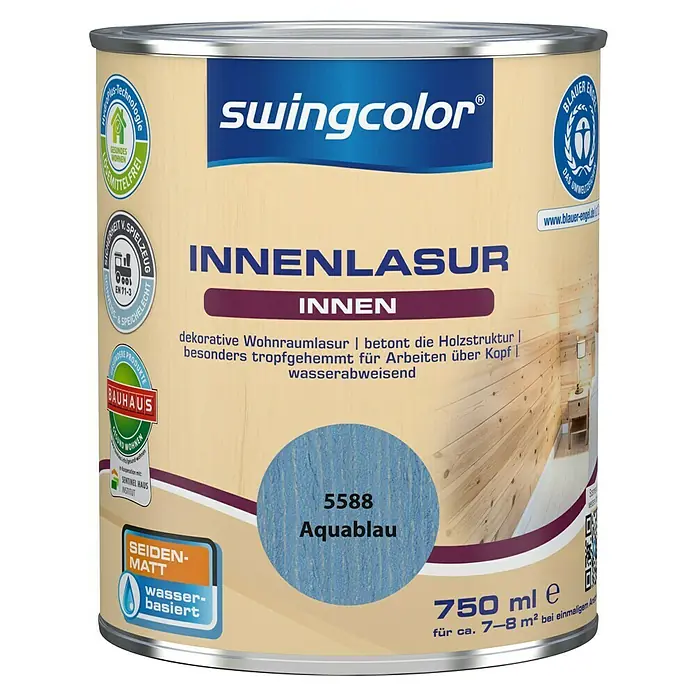 swingcolor Holzlasur Innenlasur - Aquablau, 750 ml, Seidenmatt - Farbdose Swingcolor Innenlasur in Aquablau. Die Lasur ist wasserbasiert, seidenmatt und eignet sich für den Innenbereich.