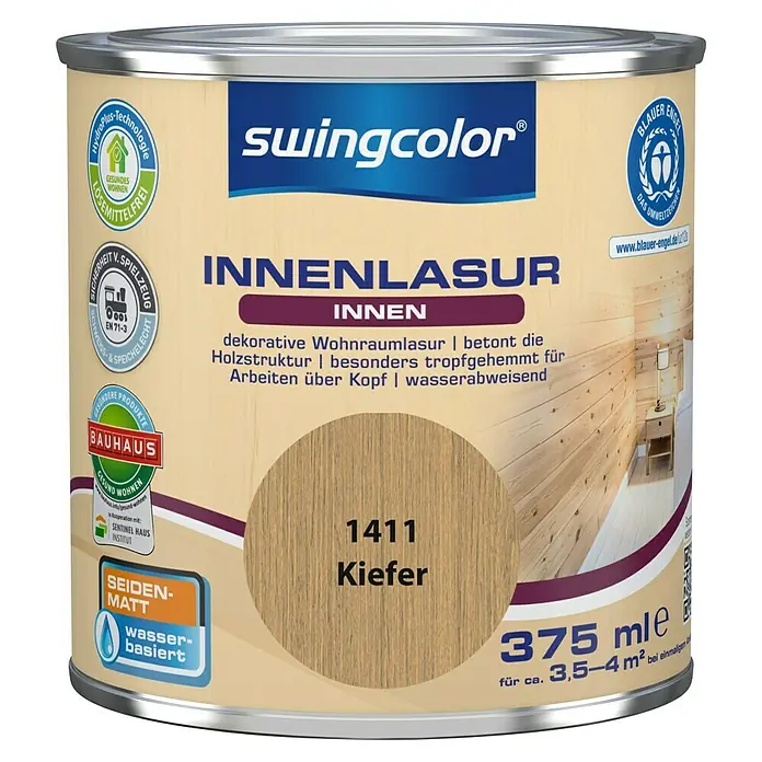 swingcolor Holzlasur Innenlasur - Kiefer, 375 ml, Seidenmatt - Dose Swingcolor Innenlasur Kiefer 1411, seidenglänzend, 375 ml für Innenräume. Wasserbasierte, dekorative Holzlasur.