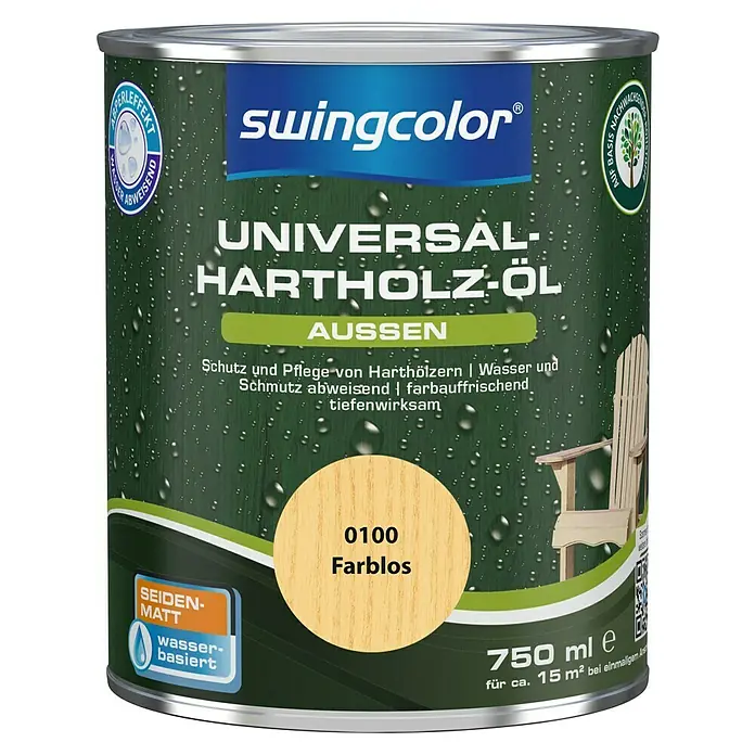swingcolor Universal-Hartholzöl - Farblos, 750 ml, Seidenmatt - Dose Universal-Hartholz-Öl von Swingcolor, farblos, seidenmatt, wasserbasiert, schützt und pflegt Harthölzer im Außenbereich.