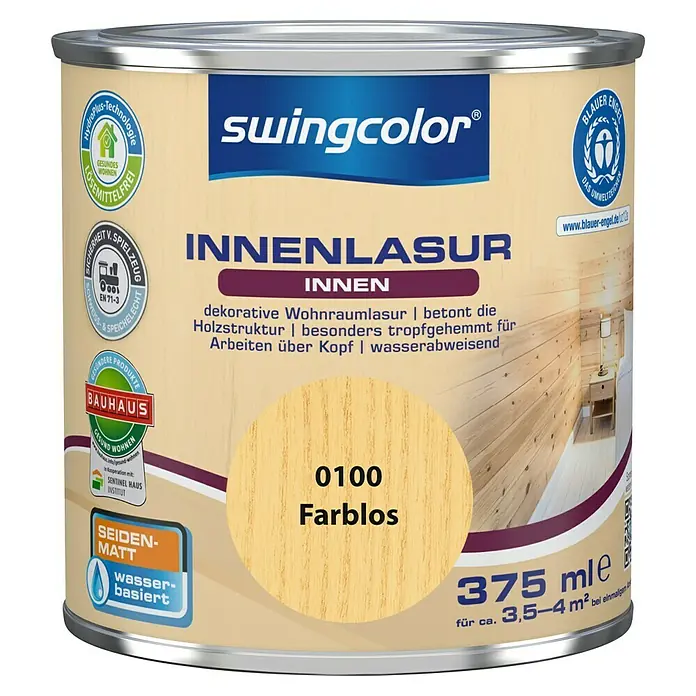 swingcolor Holzlasur Innenlasur - Farblos, 375 ml, Seidenmatt - Dose Swingcolor Innenlasur Farblos 0100, eine wasserbasierte, seidenmatte Innenlasur für dekorative Wohnraumgestaltung und Betonung der Holzstruktur.