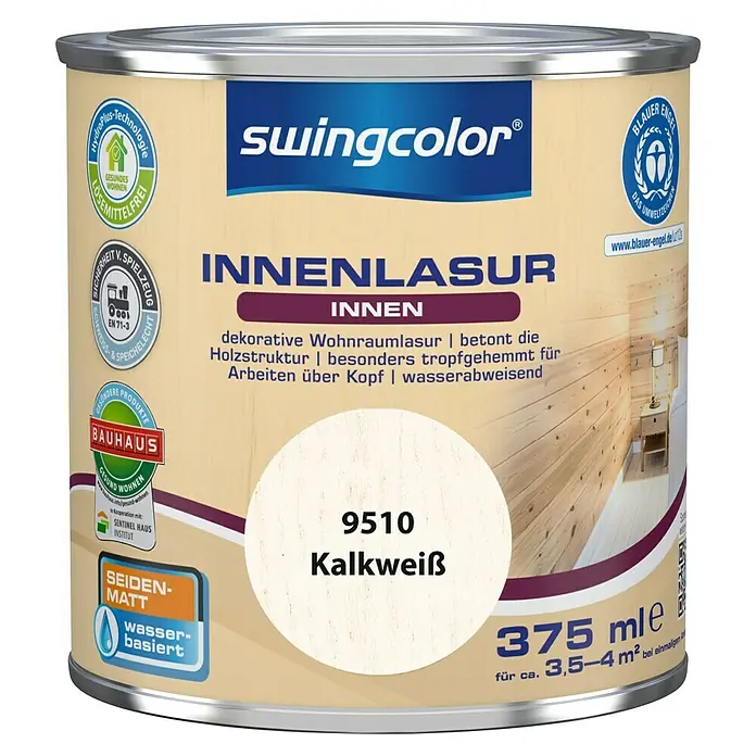 swingcolor Holzlasur Innenlasur - Kalkweiß, 375 ml, Seidenmatt - Dose Swingcolor Innenlasur Kalkweiß 9510, seidenmatt, wasserbasiert, für dekorative Wohnraumlasuren. Betont die Holzstruktur.