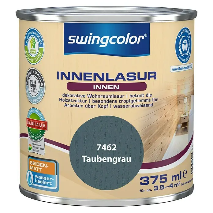 swingcolor Holzlasur Innenlasur - Taubengrau, 375 ml, Seidenmatt - Farbdose Swingcolor Innenlasur, Farbton Taubengrau 7462, seidenglänzend, wasserbasiert, für den Innenbereich, 375 ml Dose für ca. 3,5-4 m².