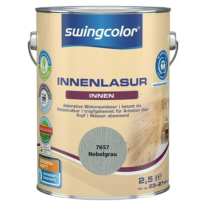 swingcolor Holzlasur Innenlasur - Nebelgrau, 2,5 l, Seidenmatt - Dose Swingcolor Innenlasur 7657 Nebelgrau, seidenmatt, wasserbasiert, für dekorative Wohnraumlasuren. Betont die Holzstruktur.
