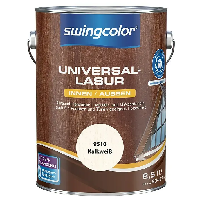 swingcolor Holzlasur - Kalkweiß, 2,5 l, Seidenglänzend - Dose Swingcolor Universal-Lasur 9510 Kalkweiß, seiden-glänzend, wasserbasiert, für Innen- und Außenbereich. Holzlasur für Fenster und Türen.