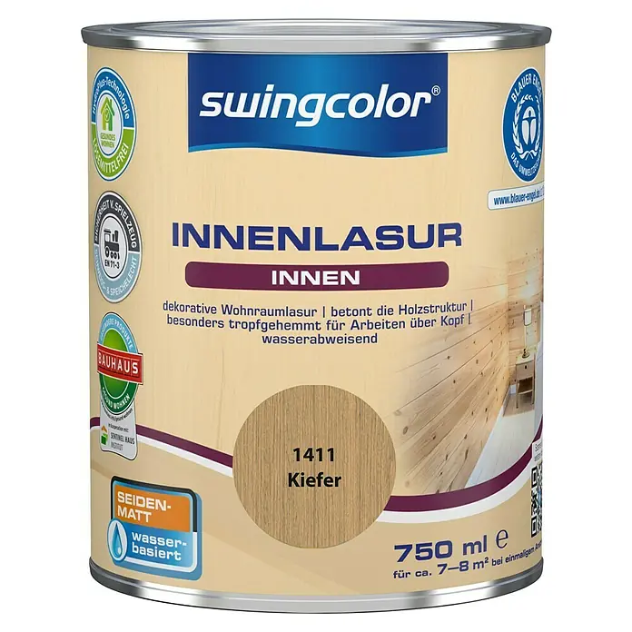 swingcolor Holzlasur Innenlasur - Kiefer, 750 ml, Seidenmatt - Farbdose Swingcolor Innenlasur Kiefer, 750 ml, seidenglänzend, für den Innenbereich. Dekorativ, betont die Holzstruktur und ist wasserabweisend.