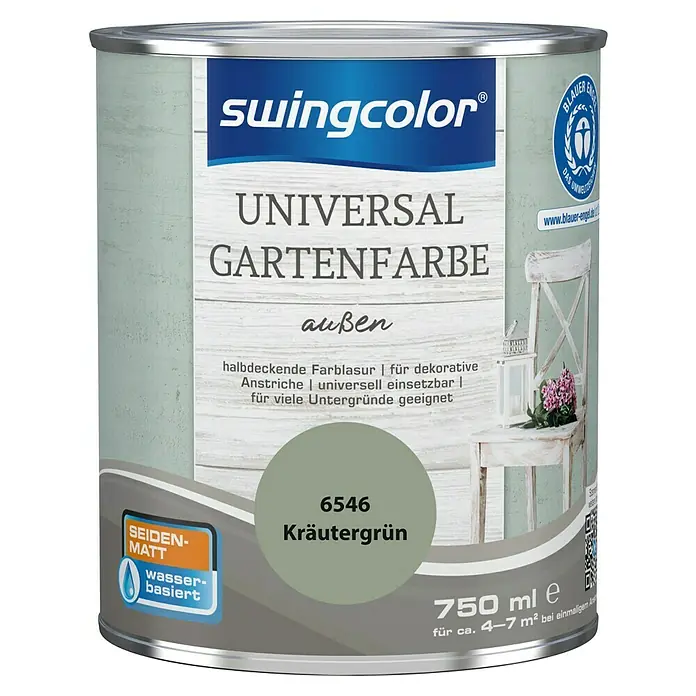 swingcolor Farblasur Universal-Gartenfarbe - 750 ml, Kräutergrün, Seidenmatt - Dose Universal Gartenfarbe Kräutergrün von Swingcolor, seidenmatt, wasserbasiert, für dekorative Anstriche im Aussenbereich und viele Untergründe.