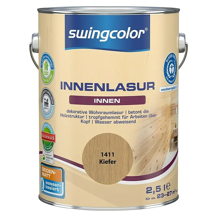 swingcolor Holzlasur Innenlasur - Kiefer, 2,5 l, Seidenmatt - Dose Swingcolor Innenlasur Kiefer 1411, seidenmatt, wasserbasiert, 2,5 Liter. Ideal für dekorative Holzgestaltung im Innenbereich.