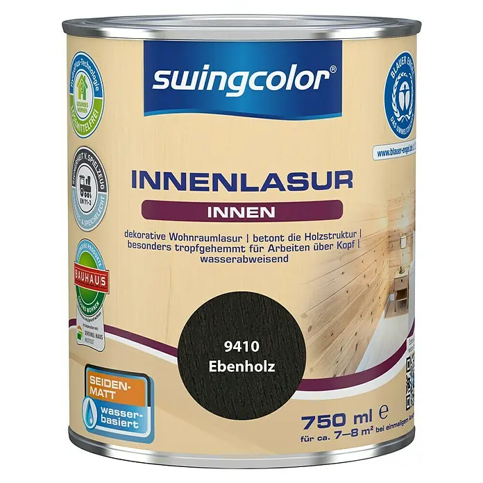 swingcolor Holzlasur Innenlasur - Ebenholz, 750 ml, Seidenmatt - Farbdose Swingcolor Innenlasur Ebenholz 9410, seidenmatt, wasserbasiert, für dekorative Wohnraumlasuren und Betonung der Holzstruktur.