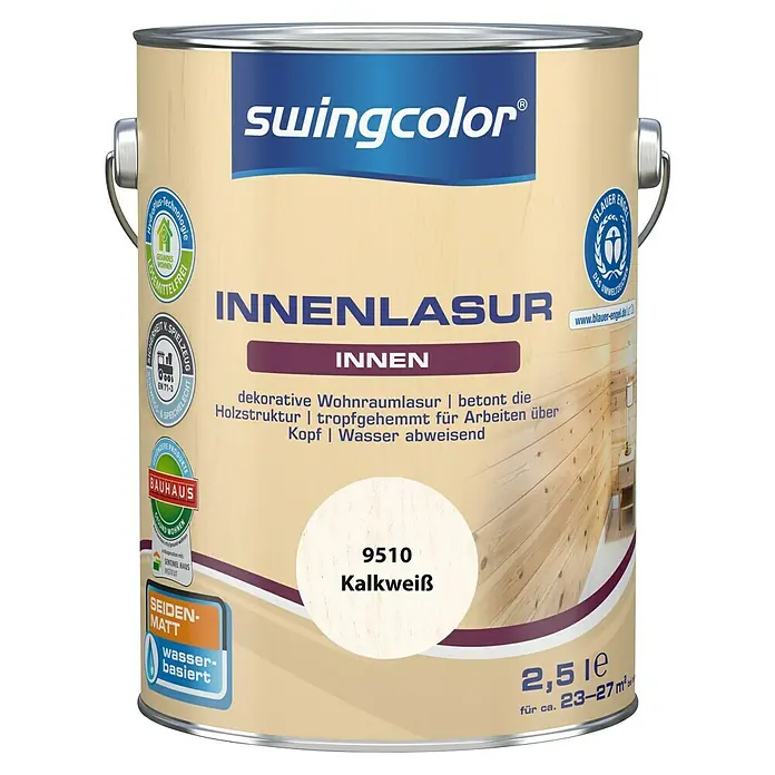 swingcolor Holzlasur Innenlasur - Kalkweiß, 2,5 l, Seidenmatt - Farbdose Swingcolor Innenlasur, Farbton 9510 Kalkweiß, 2,5 Liter Gebinde für dekorative Wohnraumgestaltung und Holzschutz im Innenbereich.