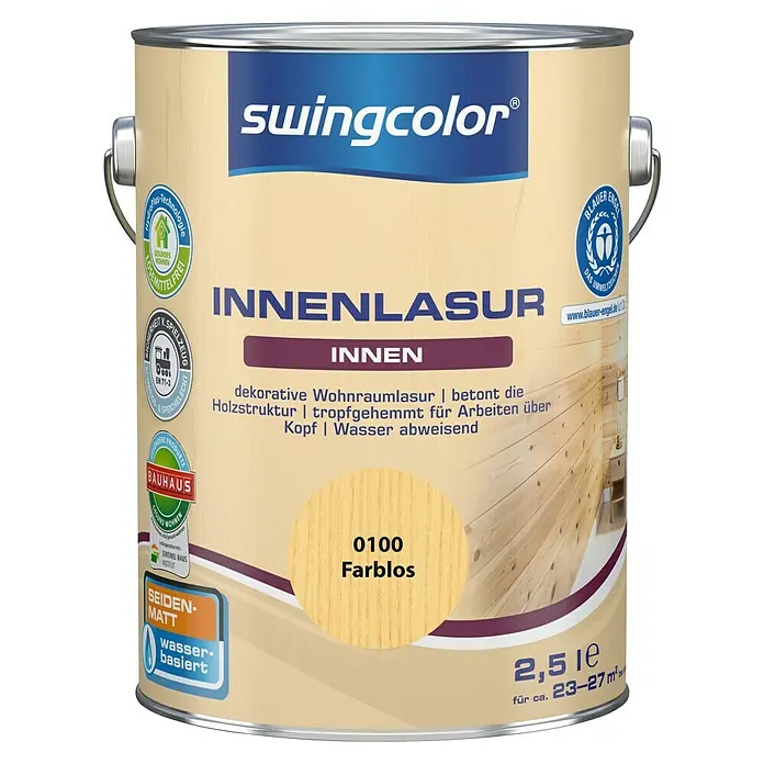 swingcolor Holzlasur Innenlasur - Farblos, 2,5 l, Seidenmatt - Farbloser Innenlasur-Eimer von Swingcolor, ideal zum Hervorheben der Holzstruktur im Innenbereich, mit Wasser abweisender Formel.