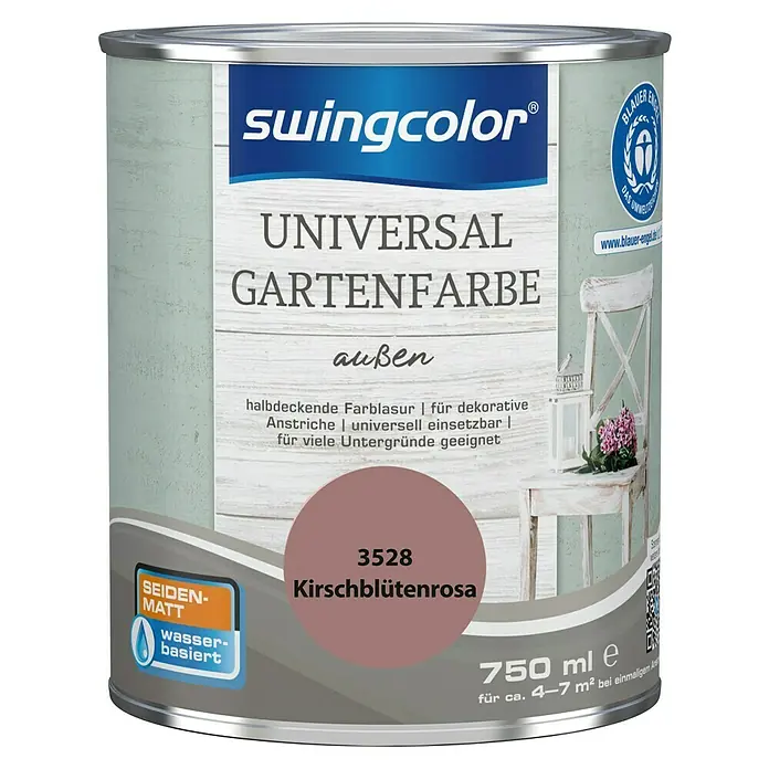 swingcolor Farblasur Universal-Gartenfarbe - 750 ml, Kirschblütenrosa, Seidenmatt - Dose Swingcolor Universal Gartenfarbe Kirschblütenrosa, seidenmatt, wasserbasiert, für dekorative Anstriche im Außenbereich, Inhalt 750ml.