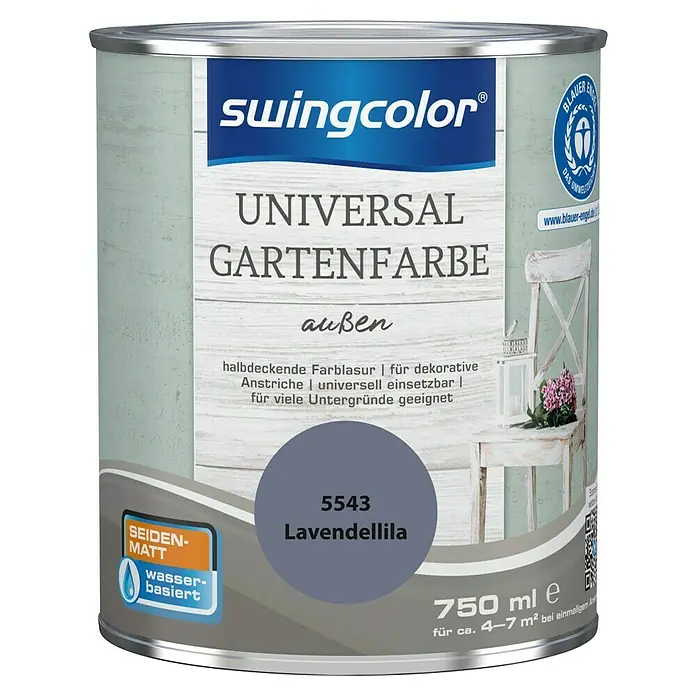 swingcolor Farblasur Universal-Gartenfarbe - 750 ml, Lavendellila, Seidenmatt - Dose Swingcolor Universal Gartenfarbe, Farbton Lavendellila, 750 ml, seidenmatt, wasserbasiert für dekorative Anstriche im Außenbereich.