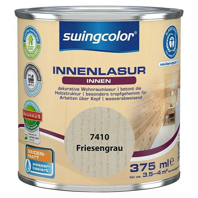 swingcolor Holzlasur Innenlasur - Friesengrau, 375 ml, Seidenmatt - Dose Swingcolor Innenlasur "Friesengrau" mit 375 ml Inhalt, geeignet für den Innenbereich und betont die Holzstruktur.