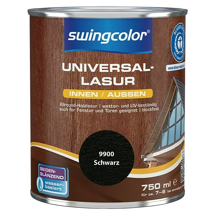 swingcolor Holzlasur - Schwarz, 750 ml, Seidenglänzend - Produktbild einer 750ml Dose Swingcolor Universal Lasur, Farbton 9900 Schwarz, geeignet für Innen- und Außenbereiche.