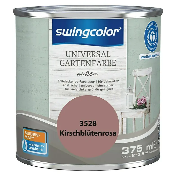 swingcolor Farblasur Universal-Gartenfarbe - 375 ml, Kirschblütenrosa, Seidenmatt - Dose Universal Gartenfarbe Kirschblütenrosa von Swingcolor. Die halbdeckende Lasur ist für dekorative Anstriche und viele Untergründe geeignet.