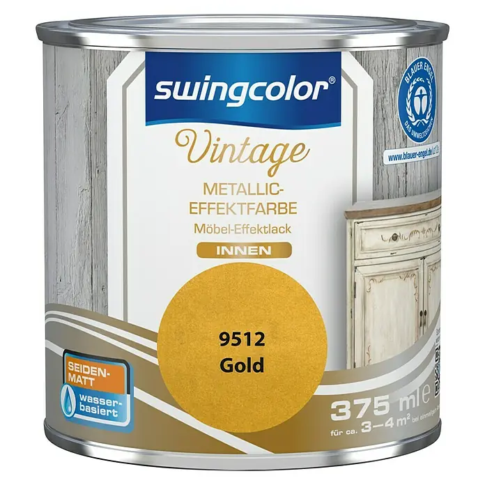 swingcolor Vintage Metall-Optik Effektfarbe - Gold-Metallic, 375 ml, Seidenmatt - Dose Swingcolor Vintage Metallic-Effektfarbe "Gold". Ideal für Möbel, seidenmatt, wasserbasiert, 375 ml für ca. 3-4 m². Mit Umweltzeichen "Blauer Engel".