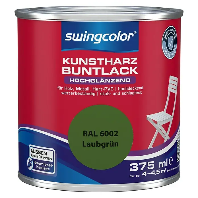 swingcolor Buntlack Kunstharz für Außen - Laubgrün, Hochglänzend, 375 ml, Lösemittelbasiert - Farbdose Swingcolor Kunstharz Buntlack Laubgrün RAL 6002, hochglänzend, für Holz, Metall, Hart-PVC, wetterbeständig, stoß- und schlagfest.