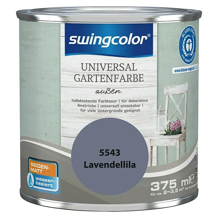 swingcolor Farblasur Universal-Gartenfarbe375 ml, Lavendellila, Seidenmatt - Dose Universal Gartenfarbe Lavendellila von Swingcolor. Seidenmatte, wasserbasierte Farbe für den Außenbereich, ideal für dekorative Anstriche auf verschiedenen Untergründen.