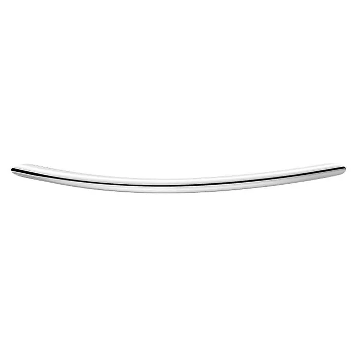 Häfele Tirador para muebles - Tipo de tirador del mueble: Estribo, Acero, Cromado, Ø x L: 10 x 184 mm - Primer plano de una barra cromada curva y elegante, ideal para tiradores de muebles modernos o detalles decorativos. Superficie lisa y reflectante.