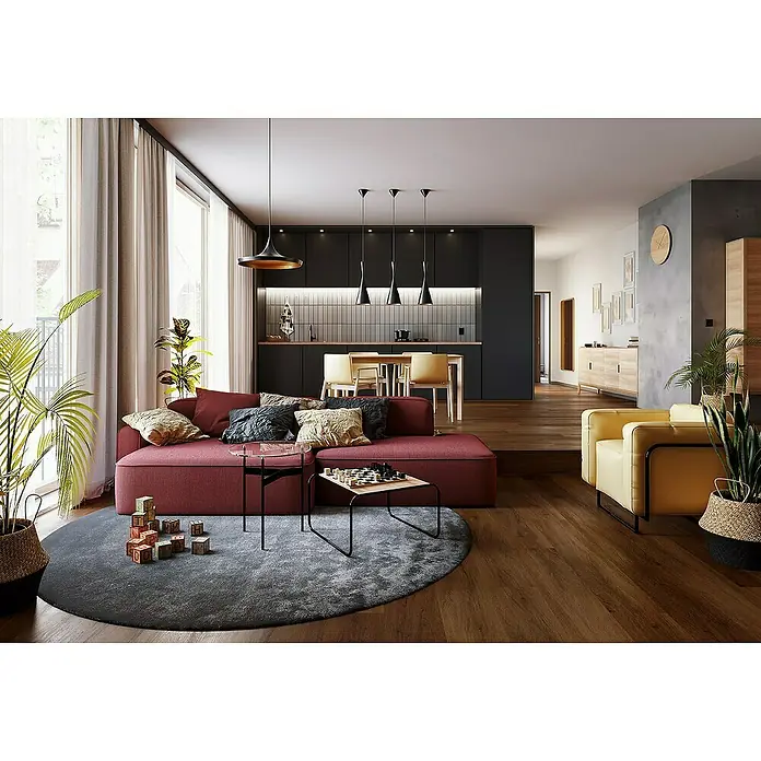 Vinylboden Silent - Jersey Eiche, Landhausdiele, 1.220 x 229 x 5,3 mm - Wohnzimmer mit stilvollem roten Sofa, grauem Teppich und gelbem Sessel. Moderne Möbel und Pflanzen schaffen eine gemütliche Atmosphäre.