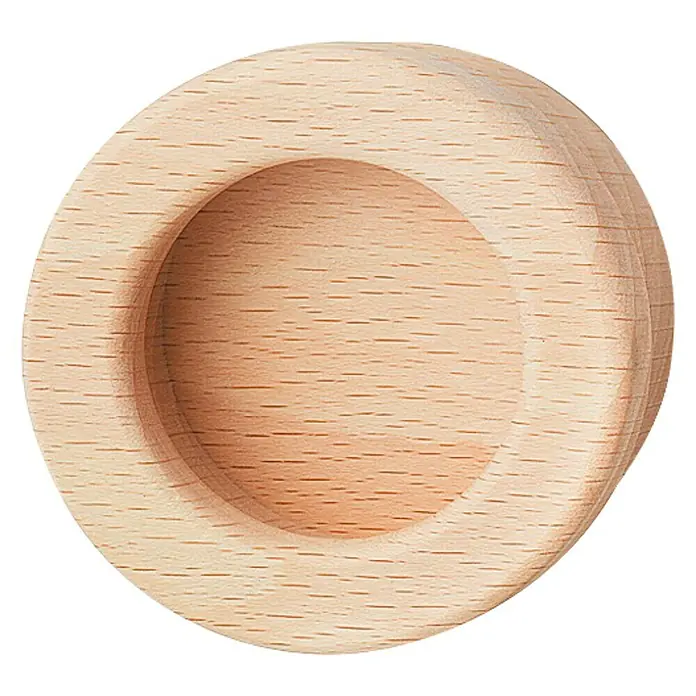 Häfele Tirador para muebles - Tipo de tirador del mueble: Concha, Madera, Ø x L: 60 x 11 mm - Tirador redondo de madera con un hueco central, ideal para puertas correderas y cajones, mostrando una veta de madera natural.