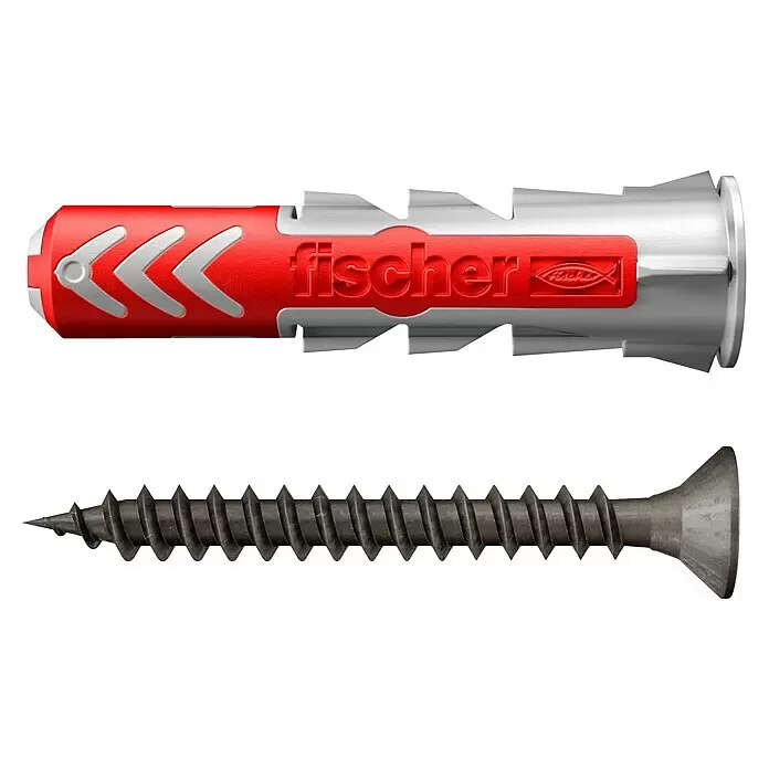 Fischer Duopower Universaldübel 6X30 S IND K - Ø x L: 6 x 30 mm, Nylon, 16 Stk., Mit Rand, PZ 2, Spanplattenschraube - Roter und grauer fischer Dübel mit schwarzer Schraube zur sicheren Befestigung.