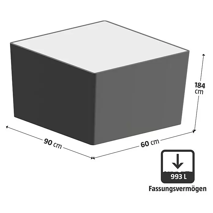 Hochbeet - 184 x 90 x 60 cm, Metall - Dunkelgraue rechteckige Aufbewahrungsbox mit hellem Deckel, Maße 90x60x184 cm, 993 L Fassungsvermögen.