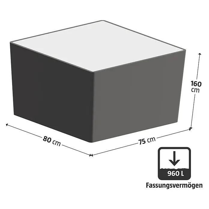 Garantia Hochbeet Ergo Quadro 2 L - Set - 80 x 80 x 80 cm, Kunststoff, Anthrazit-braun, Holzoptik - Abbildung eines schwarzen Gartenmöbelbezugs mit den Maßen 80x75x160 cm und einem Volumen von 960L.